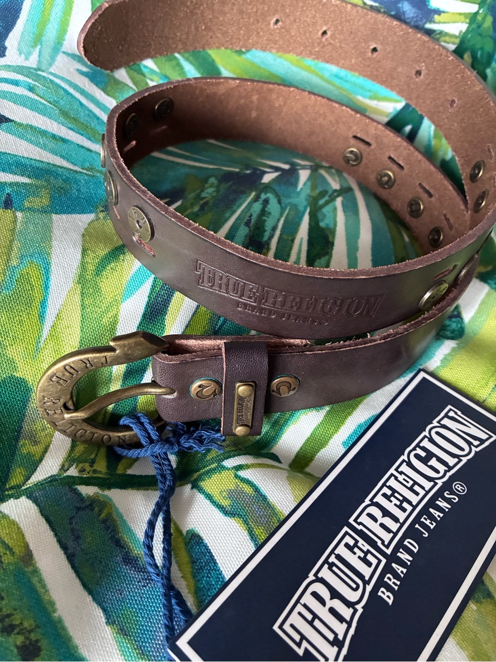 True Religion Brown Leather Belt - Classic Brass Buckle small waist XS/S
